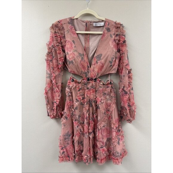 Mac Duggal Side 4 Pink Floral A9151 Long Sleeve V Neck Cut Out Mesh Mini Dress - Picture 4 of 11